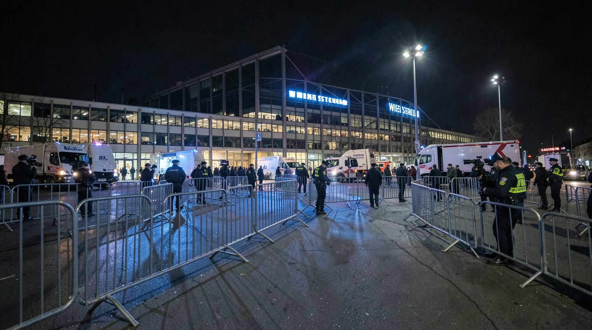 Vienna arena barricades and broadcast lights beneath Eurovision signage.