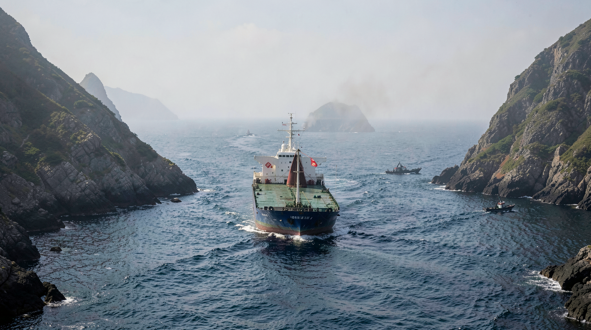 A Chinese-flagged tanker entering a narrow maritime lane near Qeshm under patrol observation.