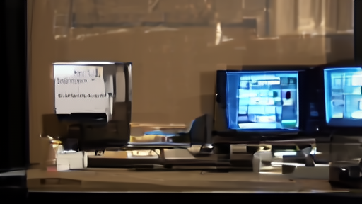 Late-night studio desk beneath a broadcast-license notice in a control room