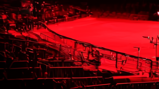 An empty MMA cage under red streaming lights with broadcast cameras at the edge of the mat.