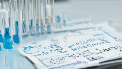 Oncology lab bench with trial protocol pages and an unlabeled vial.