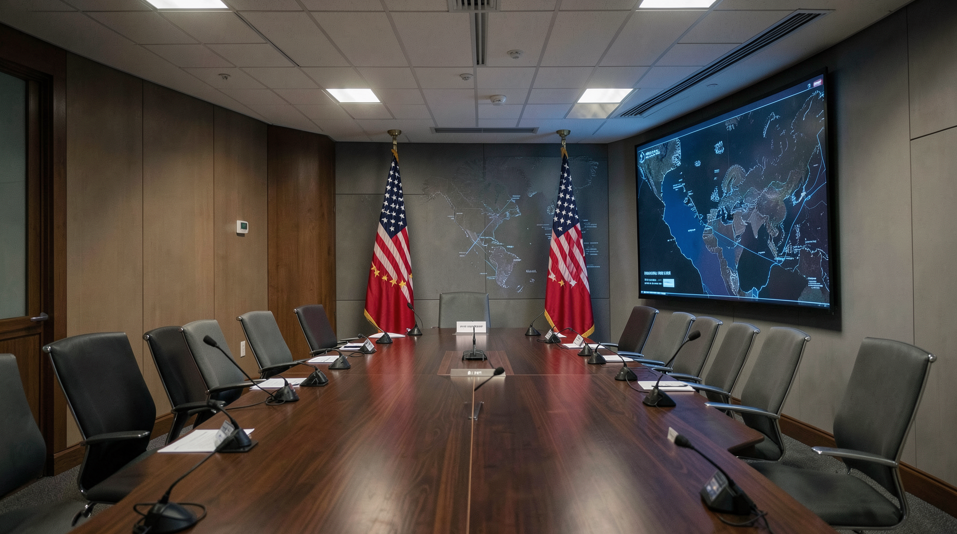 A summit conference table split visually with a dark maritime chart of the Strait of Hormuz.