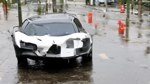 Driverless car paused at a flooded intersection beside a recall notice