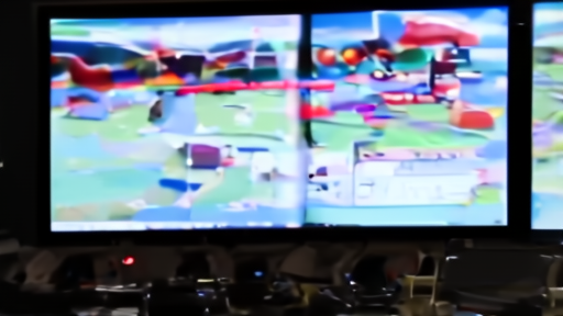 A broadcast-truck monitor wall showing the Indiana Fever feed mid-game with a Nielsen ratings overlay frozen on a placeholder figure.