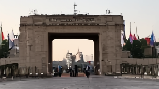 The Hyderabad House gate in Delhi at morning light with a row of national flags including India and China