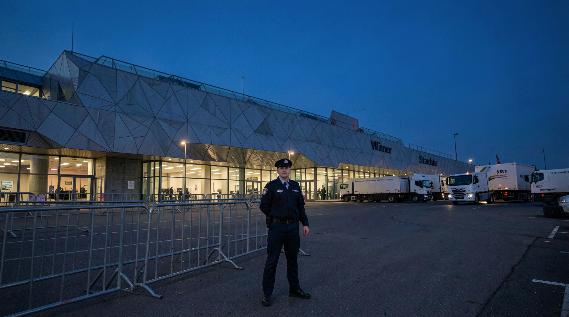 Wiener Stadthalle exterior two hours before broadcast with crowd barriers and satellite trucks