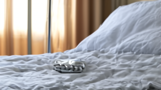 Pill blister pack on a hospital bedside table with an unplugged IV pole behind it