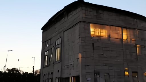 Kiewit Plaza in Omaha at street level with a single lit office on an upper floor in early evening.
