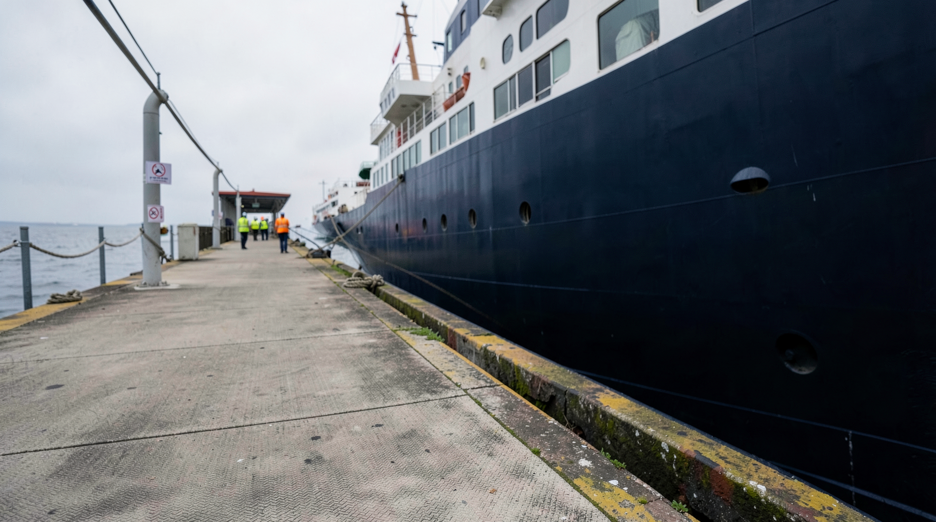 Empty cruise ship gangway with a CDC-style biohazard placard taped to a stanchion