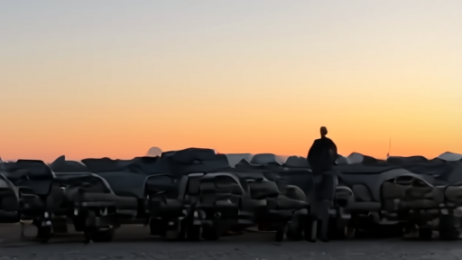 Empty motor pool at dawn with Strykers under tarps and a staff sergeant on a phone