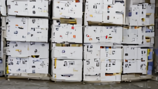 A Shenzhen logistics yard with unopened crates stamped with shipping labels and two workers walking past without stopping