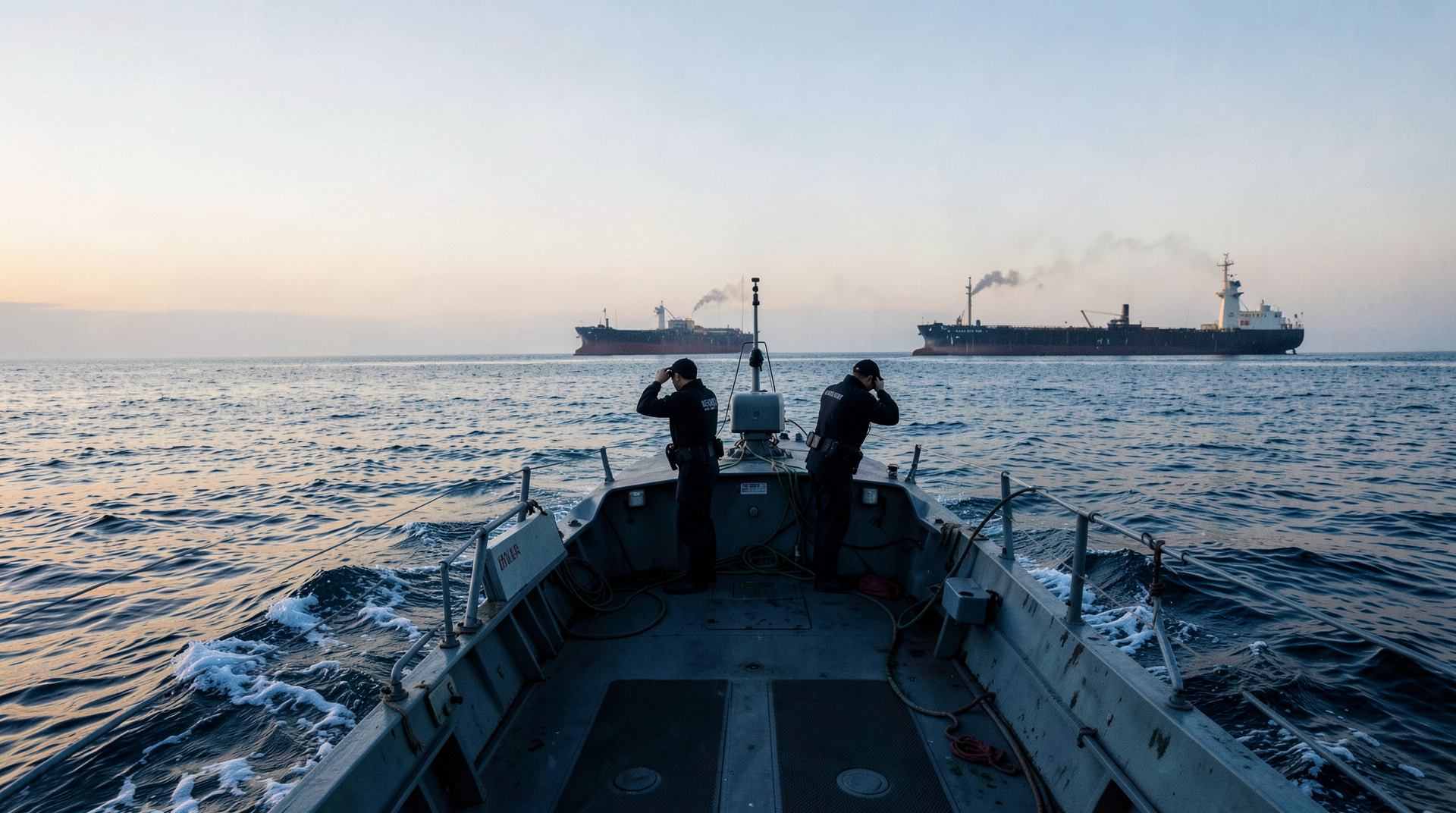 Fast-attack craft cutting across a metallic sea at dawn, tanker silhouette mid-distance