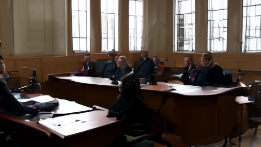 An Oakland federal courtroom gallery with the defense table seat occupied by counsel only, a jury box waiting.