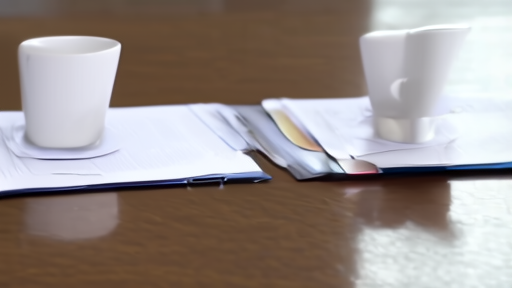 A polished conference-room table with two unopened folders facing each other, one stamped Glasswing and one stamped Daybreak, and three coffee cups equidistant between them