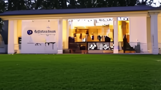 The Aronimink clubhouse exterior at low light with a PGA Championship banner across the entry portico