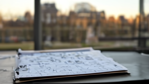 A captured Russian reconnaissance dossier on a Ukrainian intelligence desk, a Kyiv ministry building blurred through the window behind it