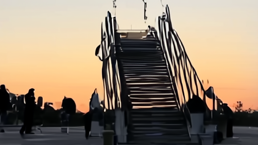 An Air Force One stairway after a return landing with a single boom mic visible at the bottom step