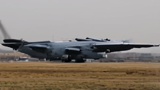 A Patriot launcher on an open European tarmac with a transport plane behind it and dust kicking up at the rear.