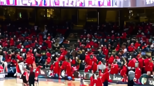 A wide interior shot of the Coca-Cola Coliseum after the Tempo's first home win, the scoreboard reading TEMPO 88 STORM 77 with fans still in the stands.