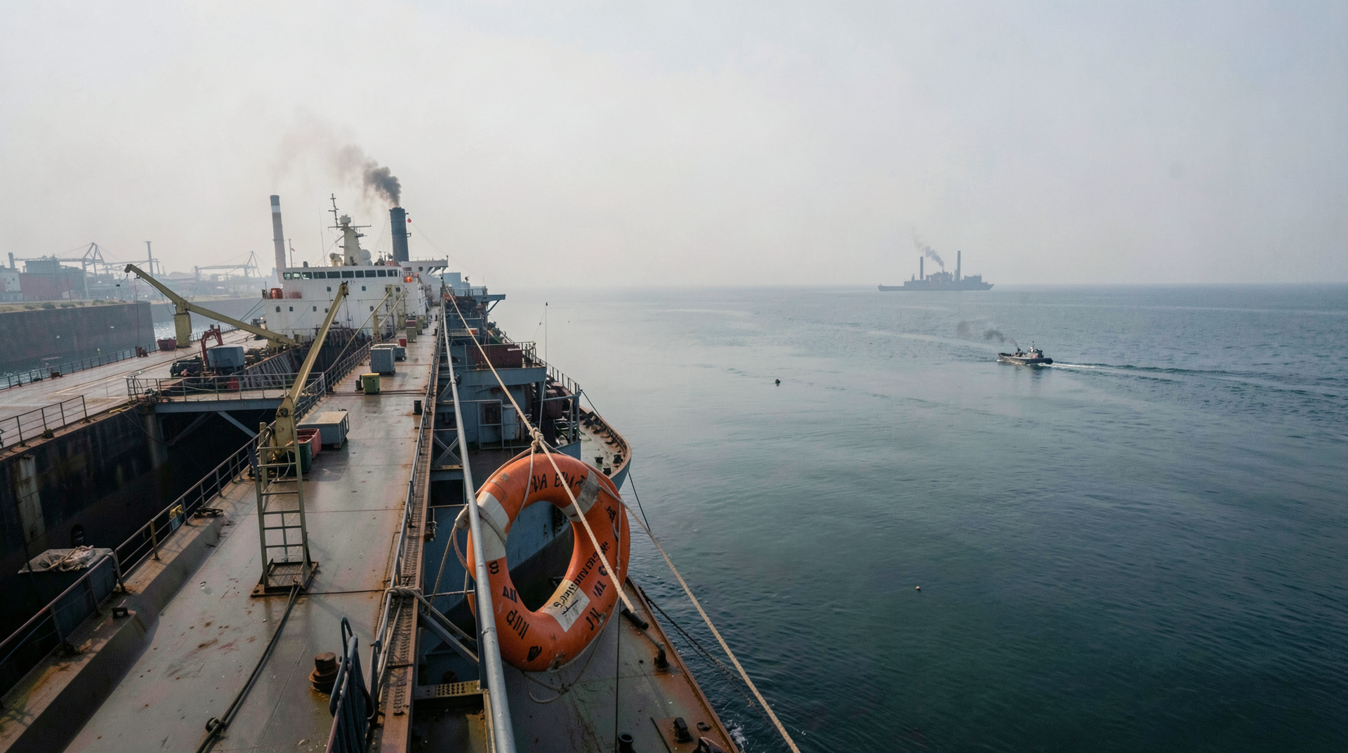 Tanker bridge wing under low Persian Gulf haze with a small fast-attack craft visible at distance
