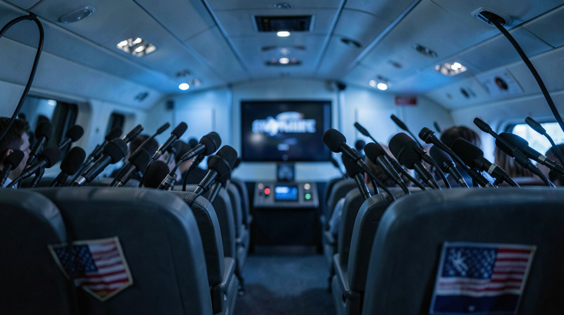 Air Force One press cabin with microphones lifted toward an unseen speaker