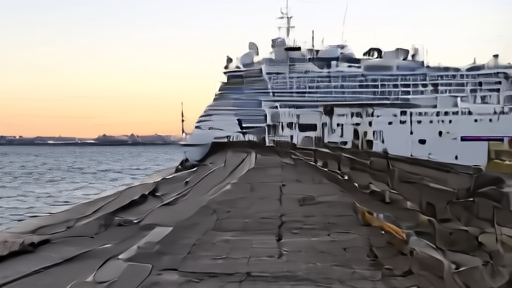 A cruise ship docked at a US port with a gangway in the foreground and no inspector visible