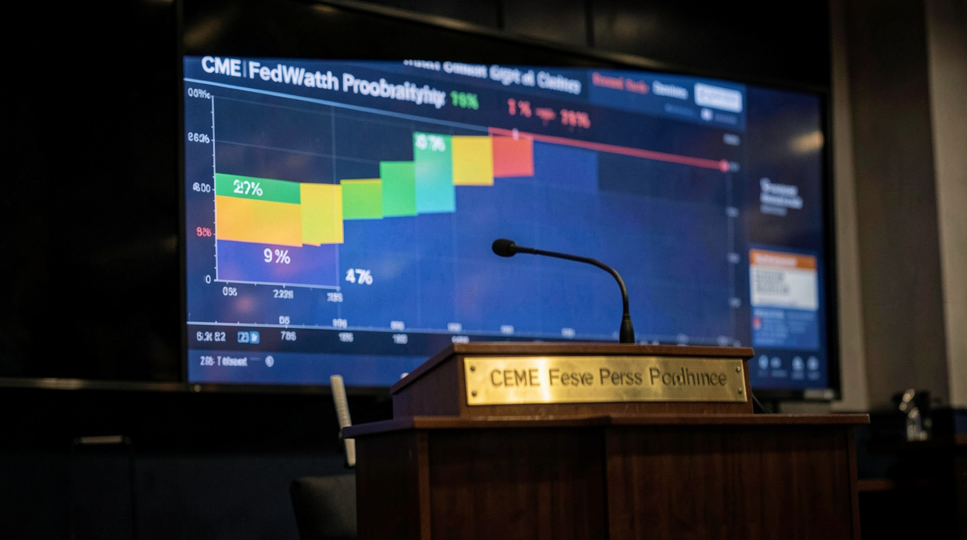 Trading-desk monitor displaying CME FedWatch probability bars beside an empty Fed press podium