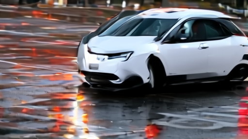 Waymo robotaxi at a wet intersection beside an overlaid bill-of-materials diagram