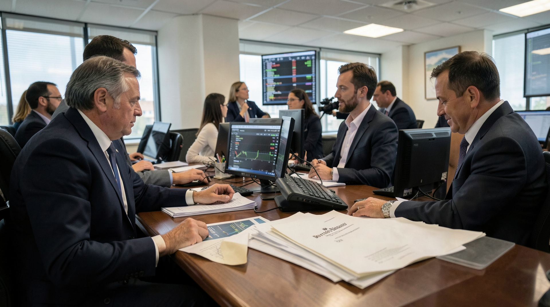 Investors watching airline and technology tickers near a Berkshire filing packet