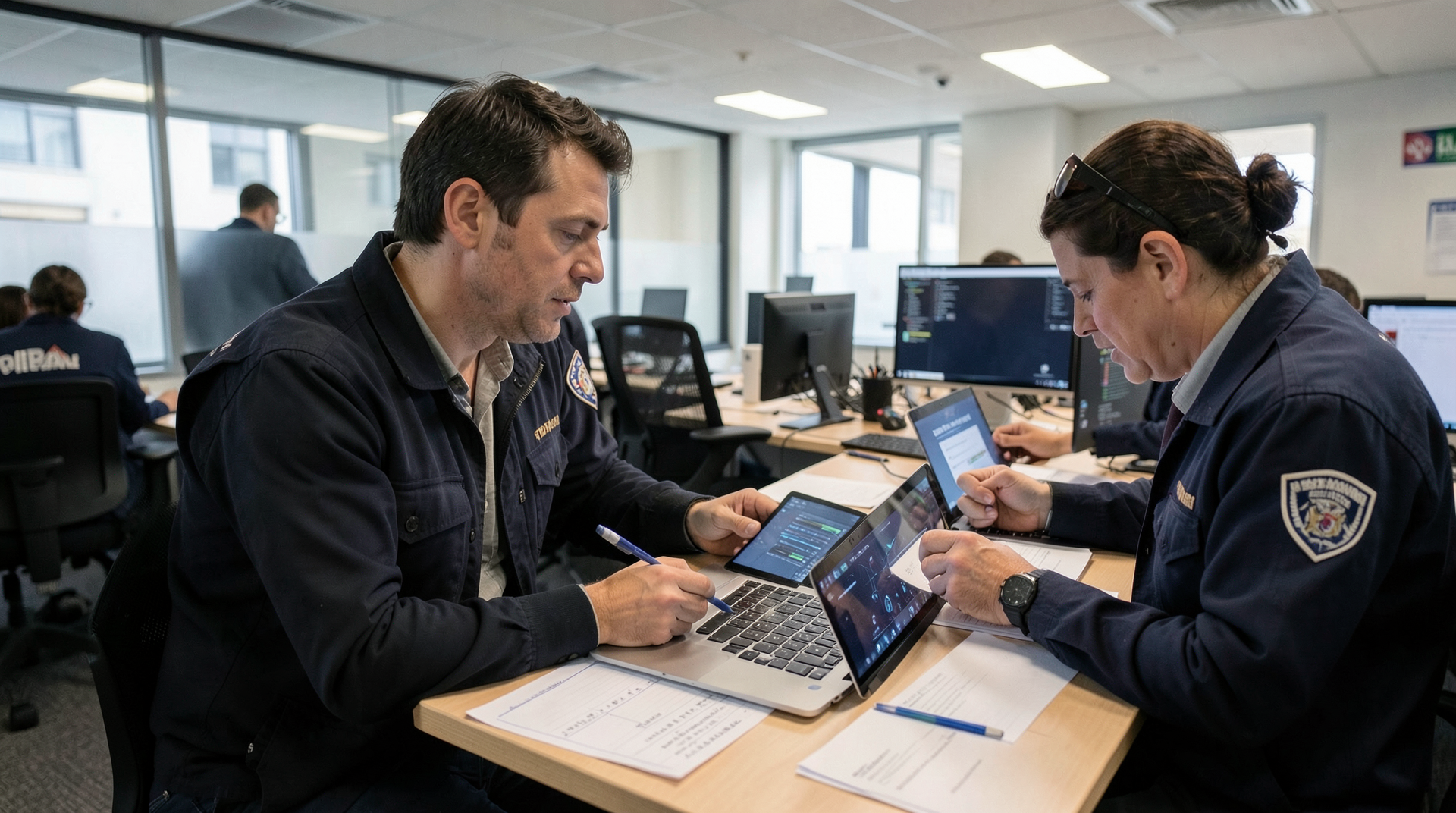 Security staff reviewing an AI cyber access request page in a software office
