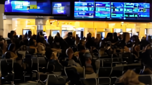 Airport gate with a market-data screen visible behind seated travelers