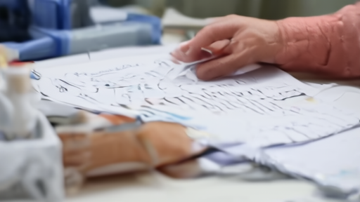 A clinician reviews trial documents with a patient in a consultation room.
