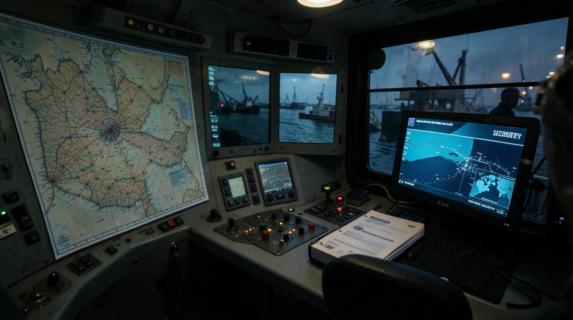 A tanker control room with shipping maps and an insurance binder on a metal desk