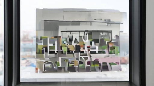 A retail storefront reflected in a boardroom window with proxy materials on a table