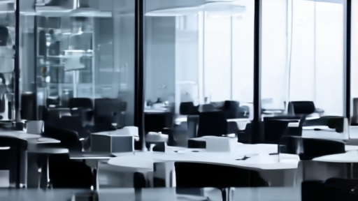 A quiet tech office with empty desks and server racks visible behind glass
