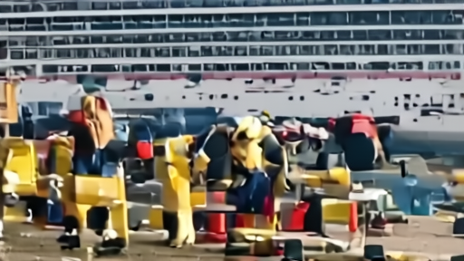 A cruise ship docked beside workers in protective gear at a port