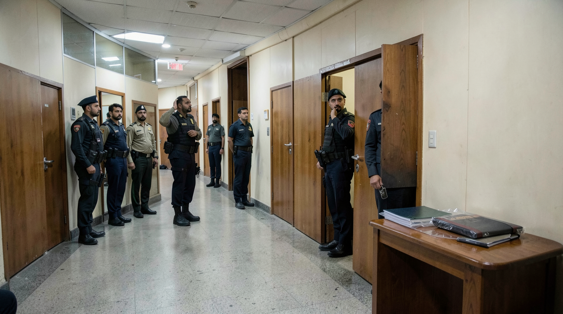 A diplomatic corridor in Islamabad with closed conference doors and security staff nearby