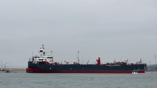 A cargo vessel approaches a Black Sea port under a gray sky