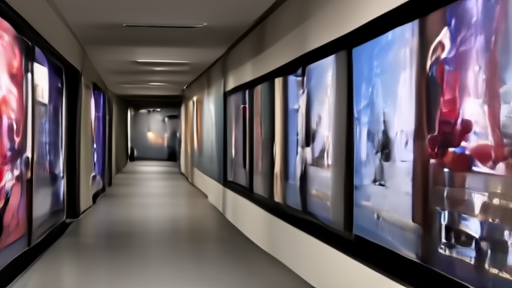 Split studio hallway with streaming screens on one side and film posters on the other