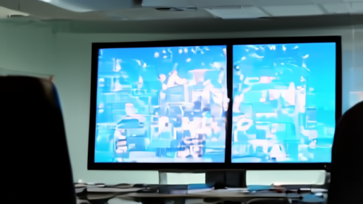 Empty broadcast control room facing a brightly lit Eurovision stage feed