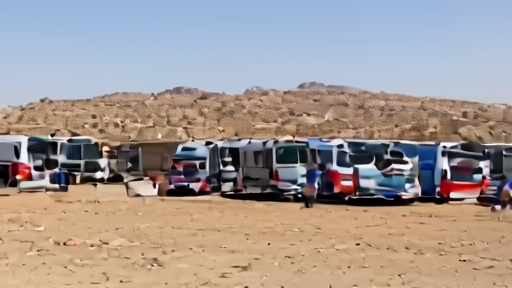 Buses and tents wait on a roadside outside a desert city