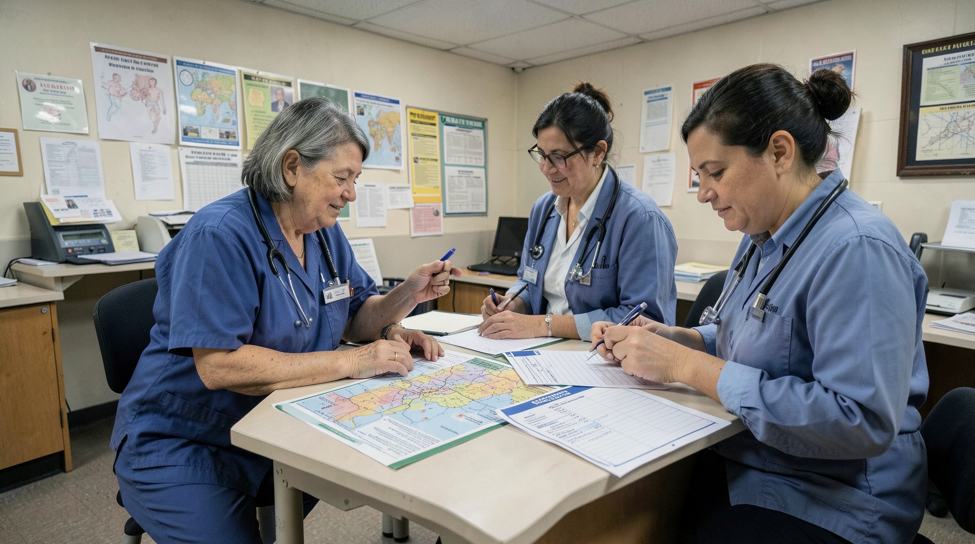 Public health staff comparing measles case tables and school vaccine records
