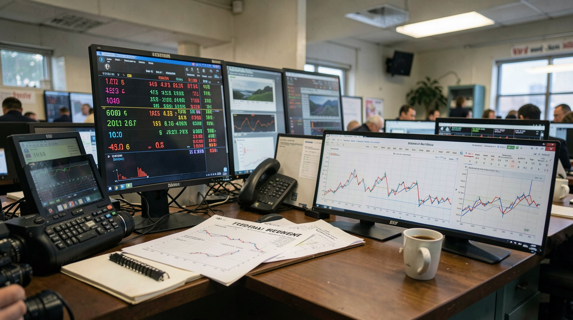 A market screen showing rate probabilities beside a Federal Reserve calendar on a desk