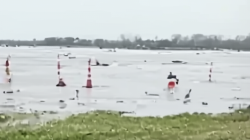 A driverless vehicle stopped near a flooded roadway with safety cones nearby