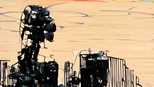 A national broadcast camera points at an empty NBA court before tipoff