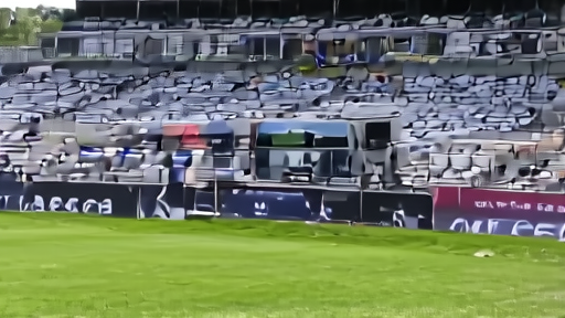 Golf broadcast compound beside empty championship grandstands