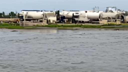 A wastewater sampling technician collecting a sealed sample near a treatment plant with dairy trucks blurred nearby