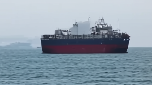Chinese container ship moving through a narrow Gulf shipping lane under distant naval watch
