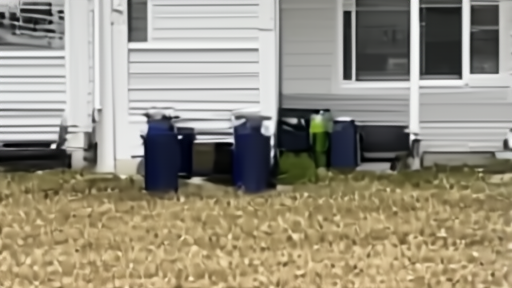 A dry suburban lawn with rain barrels and emergency water containers set beside storm shutters