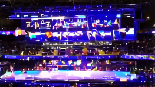 Eurovision arena after the final with scoreboards glowing and empty broadcaster booths above the stage